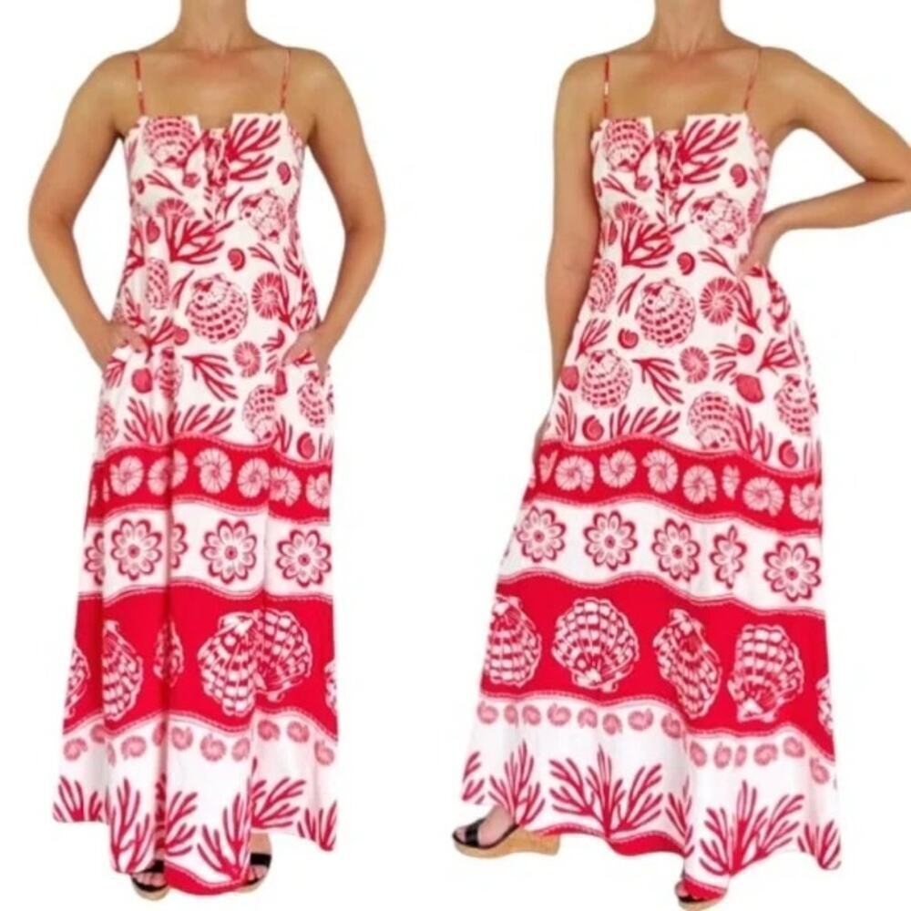 NWT Viral Calypso st Barth Shell Coral Red White Maxi Sun Dress Rio Size S
